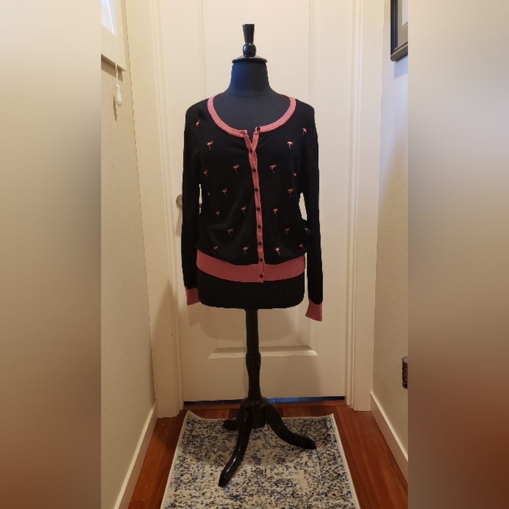 Vintage Banned' Dancing Days Black & Pink Flamingo Embroidered Women's Cardigan